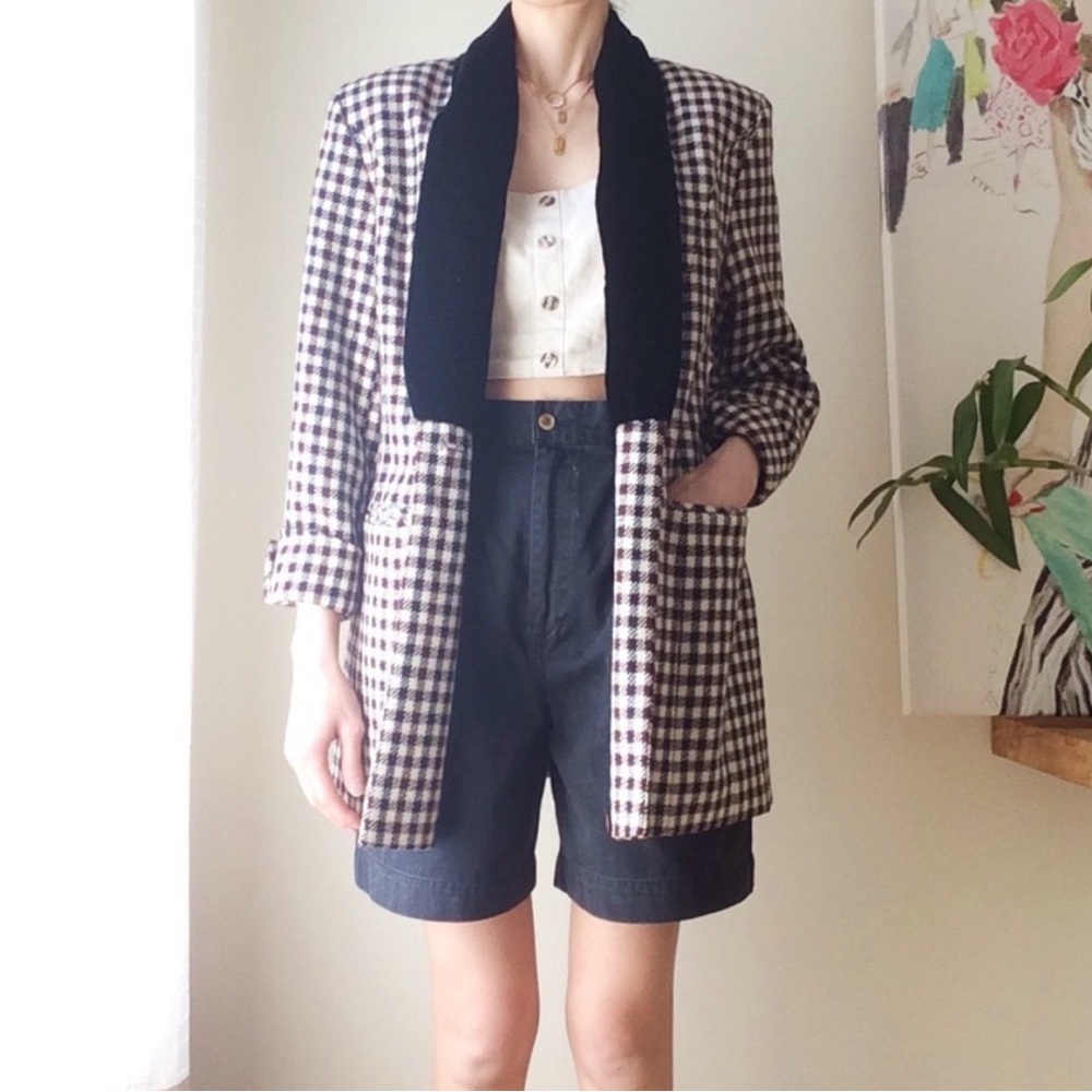 Wool small check long blazer with velvet lapel